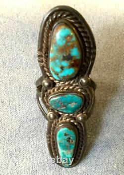 Vintage Navajo Native American Turquoise in Silver Elongated Ring Size 7