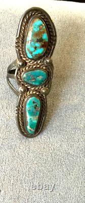 Vintage Navajo Native American Turquoise in Silver Elongated Ring Size 7