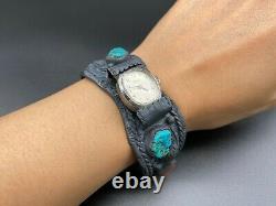 Vintage Navajo Native Indian Turquoise Coral Sterling Silver Watch Bracelet