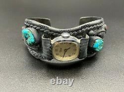 Vintage Navajo Native Indian Turquoise Coral Sterling Silver Watch Bracelet