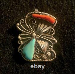 Vintage Navajo Native SIGNED PB Sterling Silver Turquoise Red Coral Pendent