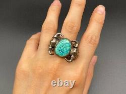 Vintage Navajo Native Sterling Silver Turquoise Buffalo Skull Ring Size 9.5