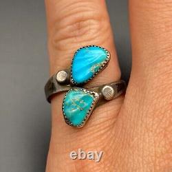 Vintage Navajo Native Turquoise Bypass Silver Ring Adjustable Size 6.75