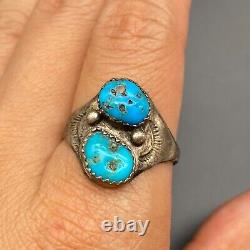 Vintage Navajo Native Turquoise Stamped Sterling Silver Ring Size 11