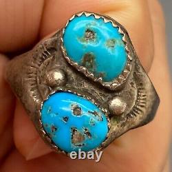 Vintage Navajo Native Turquoise Stamped Sterling Silver Ring Size 11