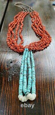 Vintage Navajo Natural Coral Necklace with Turquoise Double Jacla