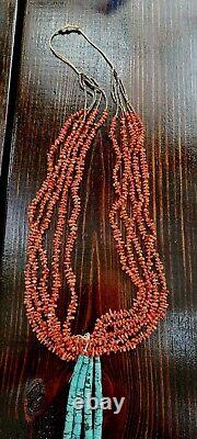 Vintage Navajo Natural Coral Necklace with Turquoise Double Jacla