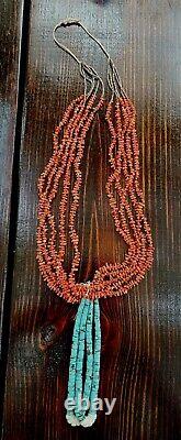 Vintage Navajo Natural Coral Necklace with Turquoise Double Jacla