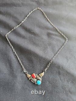 Vintage Navajo Necklace By R. Wylie Sterling Silver 925 WithCoral Turquoise Stones