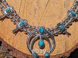 Vintage Navajo Necklace Naja Pendant Squash Blossom Turquoise Nuggets Unsigned