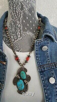 Vintage Navajo Necklace sterling Blue & Green Turquoise Coral Artisan