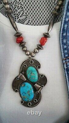 Vintage Navajo Necklace sterling Blue & Green Turquoise Coral Artisan