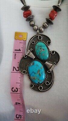 Vintage Navajo Necklace sterling Blue & Green Turquoise Coral Artisan