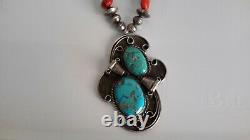 Vintage Navajo Necklace sterling Blue & Green Turquoise Coral Artisan