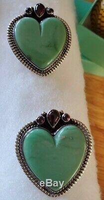 Vintage Navajo Nez Native American Sterling Silver Turquoise Heart Earrings 23gm