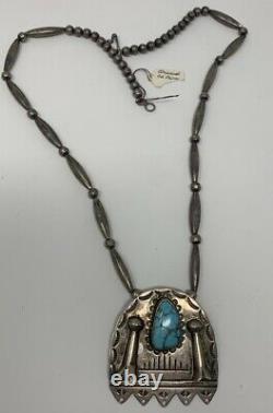Vintage Navajo Old Pawn Cone Bead Necklace with Turquoise Squash Blossom Pendant