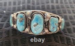 Vintage Navajo Old Pawn Graduated Turquoise Sterling Silver Cuff Bracelet