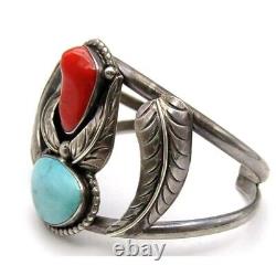Vintage Navajo Old Pawn Signed Sterling Silver Turquoise Coral Cuff Bracelet