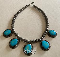 Vintage Navajo Old Pawn Sterling Silver Beads Turquoise Necklace