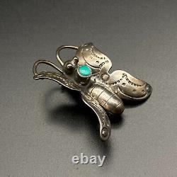 Vintage Navajo Pawn Butterfly Turquoise Silver Hand Stamped Brooch Pin