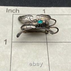 Vintage Navajo Pawn Butterfly Turquoise Silver Hand Stamped Brooch Pin