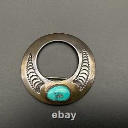Vintage Navajo Pawn Silver Turquoise Hand Stamped Brooch Pin