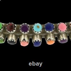 Vintage Navajo Pawn Sterling Silver Two Row Multi-Colored Stone Cuff Bracelet