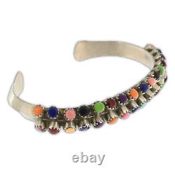 Vintage Navajo Pawn Sterling Silver Two Row Multi-Colored Stone Cuff Bracelet