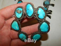 Vintage Navajo Pawn Turquoise Sterling Silver Squash Blossom Necklace 158 Grams