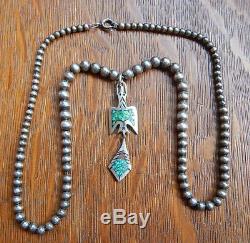 Vintage Navajo Pearls Peyote Bird Sterling Silver Turquoise Necklace Pendant