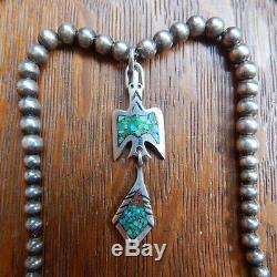 Vintage Navajo Pearls Peyote Bird Sterling Silver Turquoise Necklace Pendant