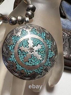 Vintage Navajo Pearls Sterling Silver Turquoise Necklace Chip Inlay Pendant