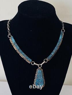 Vintage Navajo Picto Marked Sterling Silver Spiderweb Turquoise Link Necklace