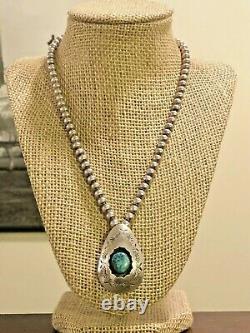 Vintage Navajo RC Sterling Silver Turquoise Pendant 6mm Ball Bead Necklace 925