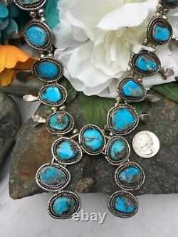 Vintage Navajo Rich Blue Morenci Turquoise Sterling Squash Blossom Necklace Wow