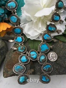 Vintage Navajo Rich Blue Morenci Turquoise Sterling Squash Blossom Necklace Wow