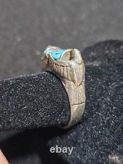 Vintage Navajo Ring Sterling Silver and Turquoise Thunder Bird Size 10.75