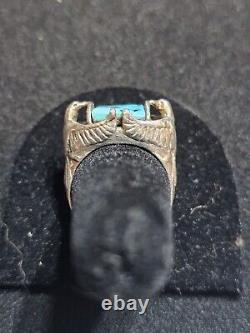 Vintage Navajo Ring Sterling Silver and Turquoise Thunder Bird Size 10.75