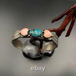 Vintage Navajo Rose Chee Turquoise Coral Heart Stamped Sterling Silver Bracelet