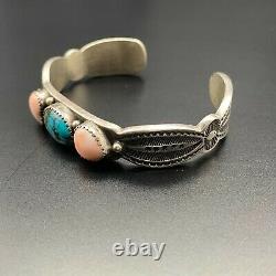 Vintage Navajo Rose Chee Turquoise Coral Heart Stamped Sterling Silver Bracelet