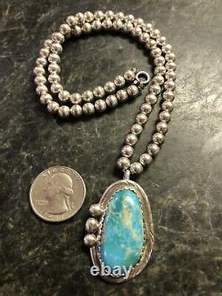 Vintage Navajo Roy Buck Sterling Silver Turquoise Pendant 6mm Bead Necklace 925