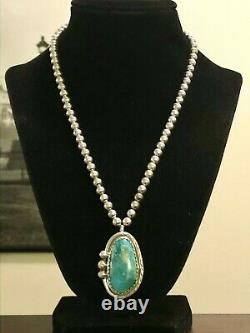 Vintage Navajo Roy Buck Sterling Silver Turquoise Pendant 6mm Bead Necklace 925