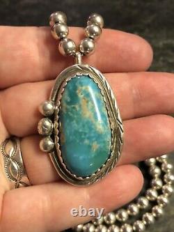 Vintage Navajo Roy Buck Sterling Silver Turquoise Pendant 6mm Bead Necklace 925