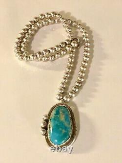 Vintage Navajo Roy Buck Sterling Silver Turquoise Pendant 6mm Bead Necklace 925