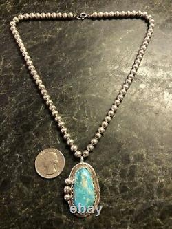 Vintage Navajo Roy Buck Sterling Silver Turquoise Pendant 6mm Bead Necklace 925