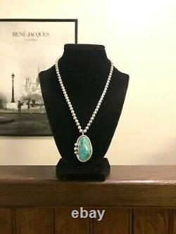 Vintage Navajo Roy Buck Sterling Silver Turquoise Pendant 6mm Bead Necklace 925