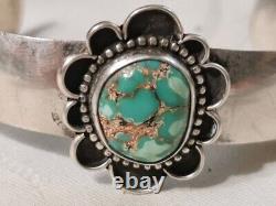 Vintage Navajo Royston Turquoise And Sterling Silver Cuff Bracelet Flower Detail