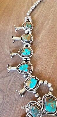 Vintage Navajo Royston Turquoise Sterling Silver Squash Blossom Necklace