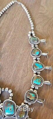 Vintage Navajo Royston Turquoise Sterling Silver Squash Blossom Necklace