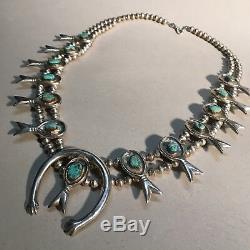 Vintage Navajo SOLID Sterling Silver Turquoise Squash Blossom Necklace 170g